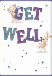 This vibrant get well card radiates warmth and cheer, brought to life by two delightful characters-a teddy bear and a lively puppy-who appear to spring joyfully from the page. Each supports one of the large, colourful letters spelling out 'Get Well,' rendered in bold indigo and teal tones. Against a soft cream background, the scene glows with uplifting energy-the scattered stars in blue and purple add an extra touch of whimsy and hope. The fur of the bear and puppy is pictured with such softness and detail that one can practically feel their comforting embrace, much like running fingers over fresh petals from a Grove Park floral bouquet. As a florist serving the local community, I recognize in this card the same genuine kindness that inspires bespoke get well arrangements delivered to Grove Park's doorsteps and hospital rooms. It's more than a card; it's a gentle message of encouragement, promising comfort and optimism to anyone facing recovery in this caring, green corner of London.